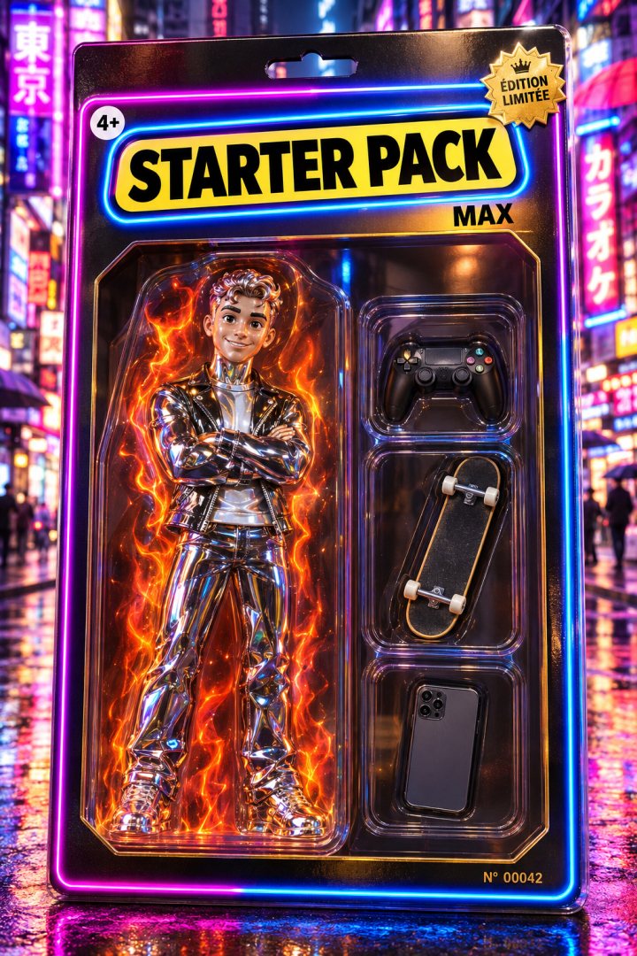 Starter Pack of Max : Chrome figure, Fire aura, Neon box, Tokyo backdrop